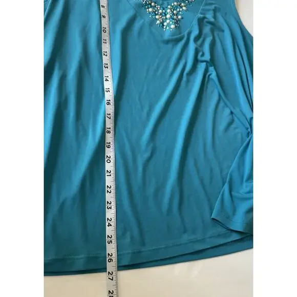Susan Graver Tank Top Sz 1X Turquoise Blouse Beaded Sleeveless Liquid Knit EUC - Picture 7 of 8